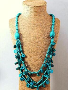 Teal Turquoise Color Multi-Strand Wood Bead Necklace